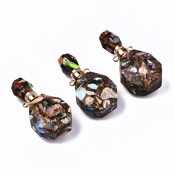 Assembled Synthetic Bronzite and Imperial Jasper Openable Perfume Bottle Pendants, with Light Gold Brass Findings, Dyed, Colorful, Capacity: 1ml(0.03 fl. oz), 39~40x19.5x13.5mm, Hole: 1.8mm