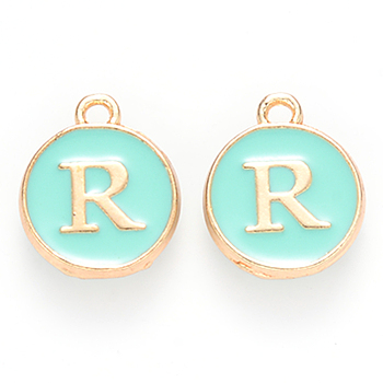 Golden Plated Alloy Enamel Charms, Cadmium Free & Lead Free, Enamelled Sequins, Flat Round with Letter, Turquoise, Letter.R, 14x12x2mm, Hole: 1.5mm