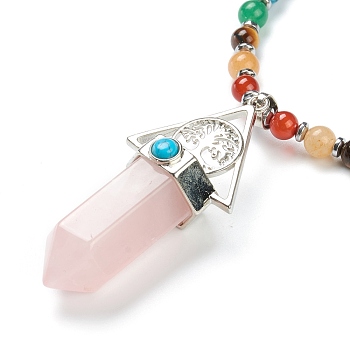 Chakra Jewelry, Faceted Bullet Natural Rose Quartz Pendant Necklaces, with Gemstone Round Beads and Platinum Plated Alloy Findings, 16.42 inch(41.7cm)