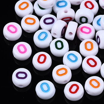 White Opaque Acrylic Beads, Flat Round with Mixed Color Number, Num.0, 7x3.5mm, Hole: 1.2mm, about 3800pcs/500g