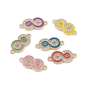 Alloy Crystal Rhinestone Connector Charms, Enamel Style, Infinity Links, Light Gold, Mixed Color, 11x24x2.5mm, Hole: 1.6mm