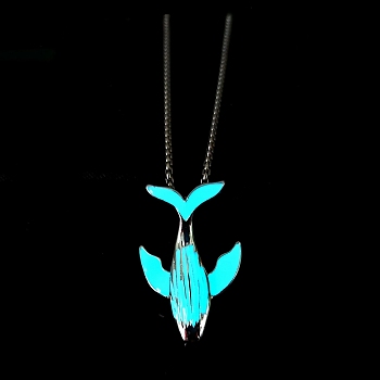 Luminous Glow in the Dark Alloy Whale Pendant Necklaces, with Stainless Steel Curb Chain, Cyan, 27.56 inch(70cm)