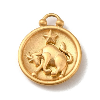 304 Stainless Steel Pendants, Flat Round with Constellations Charm, Matte Gold Color, Taurus, 20.5x17x3mm, Hole: 2.5x2mm