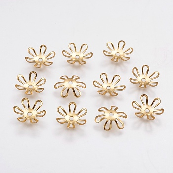 6-Petal Brass Bead Caps, Long-Lasting Plated, Flower, Real 18K Gold Plated, 10x2mm, Hole: 1mm