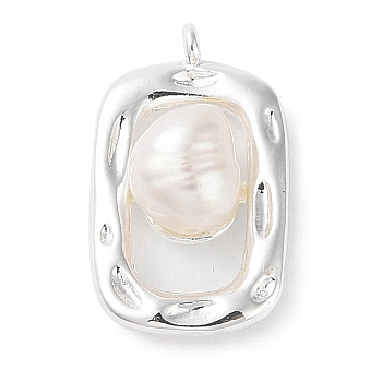 Natural Freshwater Pearl Potato Pendants, Brass Rectangle Charms, 925 Sterling Silver Plated, 19.5x12x6mm, Hole: 1.3mm