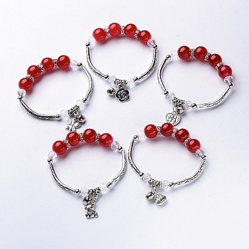 Alloy Charm Bracelets, with Alloy Tube Beads, Resin Beads and Rhinestone Spacer Beads, Antique Silver, Red, 2-1/4 inch(57mm)