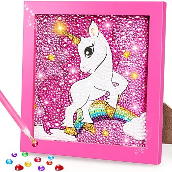 Unicorn Photo Frame Diamond Painting Kits for Kids, DIY Full Drill Diamond Art Kit, Cartoon Picture Arts and Crafts for Beginners, Colorful, 180x180mm