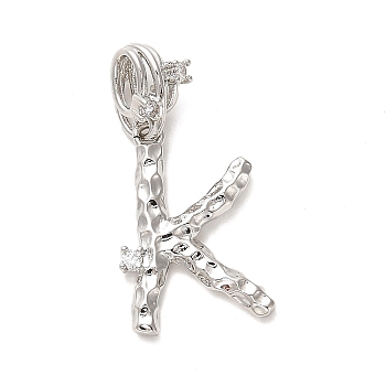 Rack Plating Brass Micro Pave Cubic Zirconia European Dangle Charms, Large Hole Letter Pendant, Platinum, Long-Lasting Plated, Cadmium Free & Lead Free, Letter K, 26mm, Charm: 19x13x2mm, Hole: 4x2.5mm
