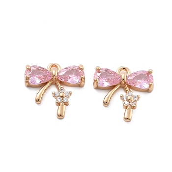 Brass Micro Pave Cubic Zirconia Pendants, with Glass Bowknot Charms, Pearl Pink, 12x12x4mm, Hole: 1.4mm