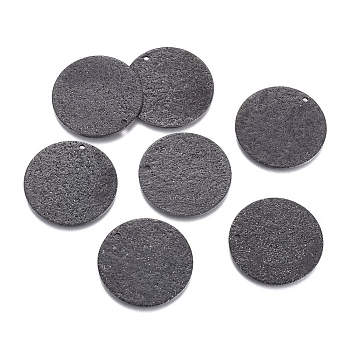 304 Stainless Steel Pendants, Textured, Flat Round, Electrophoresis Black, 25x1mm, Hole: 1.4mm