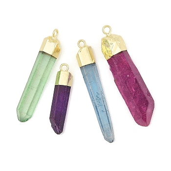 Natural Quartz Crystal Pointed Pendants, Bullet Shape, Dyed, with Golden Brass Finding, Mixed Color, 35~53x7~13x5.5~10mm, Hole: 2.5mm