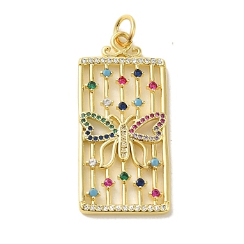 Brass Micro Pave Cubic Zirconia Pendants, with Glass and Jump Ring, Hollow Rectangle with Butterfly Charms, Real 18K Gold Plated, 40.5x19x3mm, Hole: 5mm