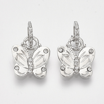 Alloy Pendants, with Rhinestone, Butterfly, Crystal, Platinum, 14.5x12.5x1.5mm, Hole: 5mm