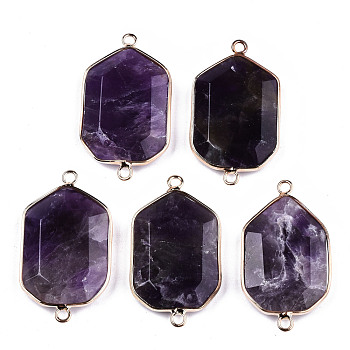 Natural Amethyst Links Connectors, with Light Gold Tone Brass Findings, Faceted Polygon, 40.5x23x6mm, Hole: 2mm