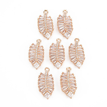 Rack Plating Brass Micro Pave Clear Cubic Zirconia Pendants, Long-Lasting Plated, Cadmium Free & Lead Free, Leaf, Light Gold, 21x10.5x4mm, Hole: 1.5mm
