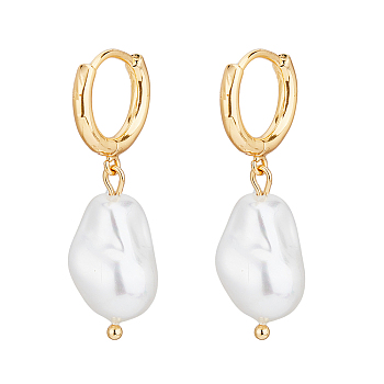 1 Pair Plastic Pearl Dangle Hoop Earrings, Brass Earrings for Women, Golden, 36x15mm