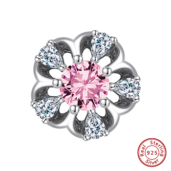 Rhodium Plated 925 Sterling Silver Beads, with Pink Cubic Zirconia, Flower, Real Platinum Plated, 11x11.5x6.5mm, Hole: 1.2mm