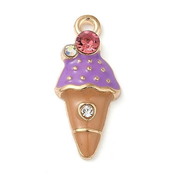 Light Gold Plated Alloy Enamel Pendants, with Rhinestone, Long-Lasting Plated, Ice Cream Charm, Medium Purple, 22.5x9.5x3.5mm, Hole: 1.6mm