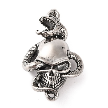 316 Surgical Stainless Steel Pendants, Skull with Snake Charms, Antique Silver, 47.5x30x11.5mm, Hole: 9x4mm