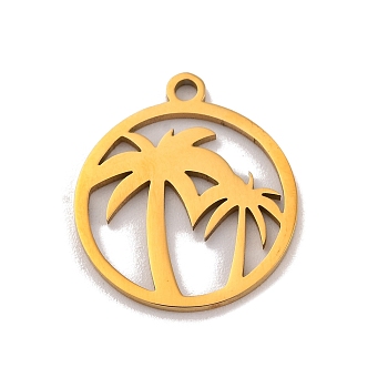 201 Stainless Steel Pendants, Laser Cut, Flat Round with Coconut Tree Charm, Golden, 17x15x1mm, Hole: 1.5mm