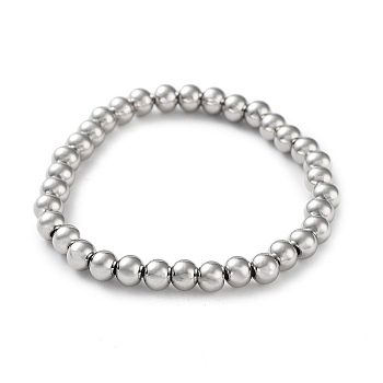 316 Surgical Stainless Steel Round Beaded Stretch Bracelets, Stainless Steel Color, Inner Diameter: 2-1/8 inch(5.3cm), Wide: 6mm