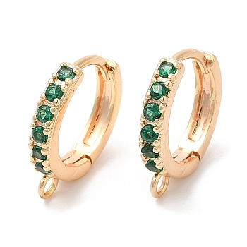 Brass with Glass Hoop Earring Findings, Real 18K Gold Plated, Rings, Green, 14.5x13x2.5mm, Hole: 1.6mm, Pin: 1.9mm