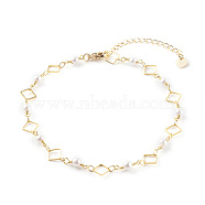 Brass Rhombus Link Chain Anklets, with Round Glass Beads and Lobster Claw Clasps, White, Real 18K Gold Plated, 9-5/8 inch(24.5cm)(AJEW-AN00431)