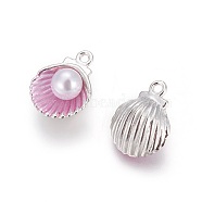 Alloy Enamel Pendants, with Acrylic Pearl Beads, Shell, Platinum, Pearl Pink, 15x11.5x7mm, Hole: 1.4mm(PALLOY-F224-03P-01)