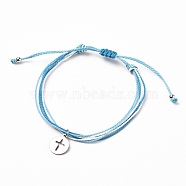 Waxed Polyester Cord Braided Bracelets, with Brass Beads, 304 Stainless Steel Charms, Flat Round with Cross, Sky Blue, Inner Diameter: 2~3-3/4 inch(5.2~9.6cm)(BJEW-JB05663-02)