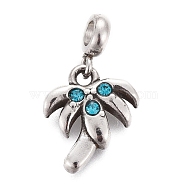304 Stainless Steel Pendants, with Rhinestone and Tube Bails, Palm Tree, Aquamarine, Antique Silver, 16mm, Pendant: 10.5x9x2.5mm, Hole: 2.5mm(STAS-F259-047AS)
