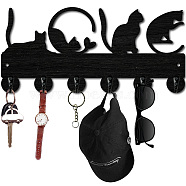 Black Wood & Iron Wall Mounted Hook Hangers, Decorative Organizer Rack, with 2Pcs Screws & 1Pc Screwdriver, 6 Hooks for Bag Clothes Key Scarf Hanging Holder, Cat Shape, 300x140x7mm, Hole: 5mm(DIY-WH0601-007)