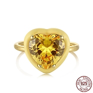 925 Sterling Silver Finger Rings, Birthstone Ring, Real 18K Gold Plated, with Enamel & Cubic Zirconia for Women, Heart, Yellow, 1.8mm, US Size 7(17.3mm)(RJEW-A019-42B-03G)