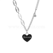Stainless Steel Enamel Heart Pendant Necklaces for Women, Black, Stainless Steel Color, 6.30 inch(16cm), Pendant: 17.3x18.4mm(BR5096)