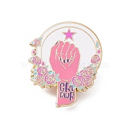 Rugosa Rose With Girl's Hand Enamel Pin, Golden Brass Feminism Brooch for Backpack Clothes, Pink, 39x32x1.5mm, Pin: 1.2mm.(JEWB-D012-04)