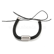 Black Braided Leather Cord Bracelet Making, with 304 Stainless Steel Magnetic Clasps and Rack Plating Brass Cord Ends, Stainless Steel Color, 6-1/8 inch(15.5cm)(MAK-F037-01P)