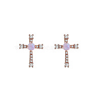 Real Rose Gold Plated, Brass Stud Earrings, Lead Free & Cadmium Free, with Grade AAAAA Cubic Zirconia & Resin Imitation Opal, Cross, Clear, 14x10mm(EJEW-AA00270-18RG)