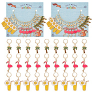 Summer Theme Alloy Enamel Pendant Locking Stitch Markers, Brass Leverback Earring & Steel Wine Glass Charm Rings Stitch Marker, Juice/Flamingo/Coconut Tree, Mixed Color, 3.4~4.4cm, 3 style, 5pcs/style, 15pcs/set(HJEW-AB00174)