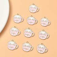 Alloy Enamel Pendants, Light Gold, Cup with Cat Charm, Pink, 18.5x20x1mm, Hole: 1.5mm(PALLOY-YW0003-24D)