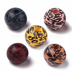 Painted Natural Wood Beads, Printed, Round with Leopard Print, Mixed Color, 10x9mm, Hole: 2.5mm(X-WOOD-S057-024)