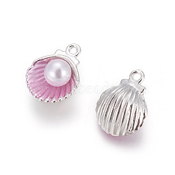 Alloy Enamel Pendants, with Acrylic Pearl Beads, Shell, Platinum, Pearl Pink, 15x11.5x7mm, Hole: 1.4mm(PALLOY-F224-03P-01)
