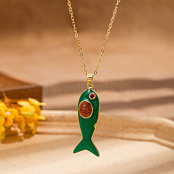 Brass Pave Cubic Zirconia Fish Shape Pendant Necklaces for Women, with Enamel, Green, 17.32 inch(44cm)(CZ1048-1)