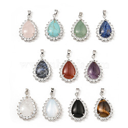 Natural & Synthetic Mixed Gemstone & Rhinestone Pendants, with Platinum Tone Rack Plating Brass Wire Wrap, Long-Lasting Plated, Lead Free & Cadmium Free, Teardrop, Mixed Dyed and Undyed, 40x26x13mm, Hole: 6x4.5mm(G-K338-31P)