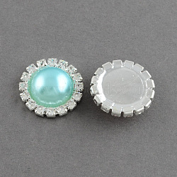 Garment Accessories Half Round ABS Plastic Imitation Pearl Cabochons, with Grade A Rhinestone and Brass Cabochon Settings, Silver Color Plated, Pale Turquoise, 14.5x4mm(RB-S020-02-A08)