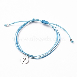 Waxed Polyester Cord Braided Bracelets, with Brass Beads, 304 Stainless Steel Charms, Flat Round with Cross, Sky Blue, Inner Diameter: 2~3-3/4 inch(5.2~9.6cm)(BJEW-JB05663-02)