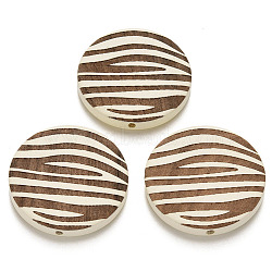 Painted Natural Wood Beads, Laser Engraved Pattern, Flat Round with Zebra-Stripe, Creamy White, 30x5mm, Hole: 1.6mm(X-WOOD-N006-06C)