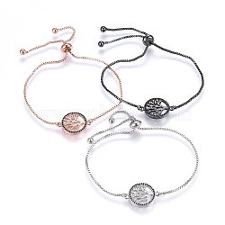 Adjustable Brass Micro Pave Cubic Zirconia Bolo Bracelets, Slider Bracelets, Flat Round with Tree of Life, Black & Clear, Mixed Color, 10-1/4 inch(26cm), 1.2mm(BJEW-H583-01)