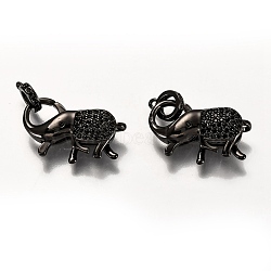 Brass Micro Pave Black Cubic Zirconia Lobster Claw Clasps, with Bail Beads/Tube Bails, Long-Lasting Plated, Elephant, Electrophoresis Black, 17.5x25x6mm, Hole: 1.2mm(ZIRC-I052-05EB)