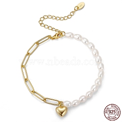925 Sterling Silver Heart Charm Bracelet, Natural Baroque Pearl Beaded & Paperclip Chains Bracelets, with S925 Stamp, Golden, 6-1/2 inch(16.5cm)(BJEW-I314-143)