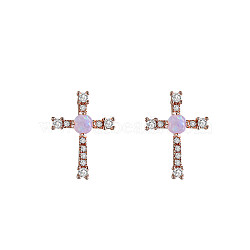 Real Rose Gold Plated, Brass Stud Earrings, Lead Free & Cadmium Free, with Grade AAAAA Cubic Zirconia & Resin Imitation Opal, Cross, Clear, 14x10mm(EJEW-AA00270-18RG)