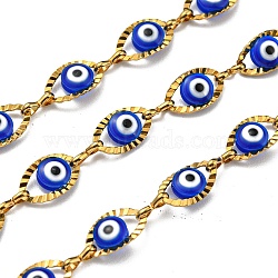 304 Stainless Steel Link Chains, with Evil Eye Acrylic Bead, Soldered, with Spool, Real 18K Gold Plated, Blue, Eye: 10.5x6x3mm, Link: 6x2x1mm, 10m/roll(CHS-C009-04B-G)